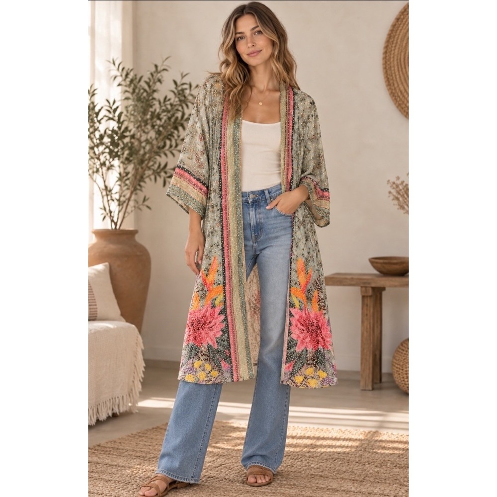 Anthropologie Blank London Floral Embellished Maxi Kimono One Size Fits Most
